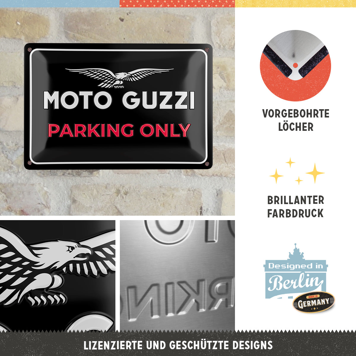 Moto Guzzi - Parking Only, product collage with multiple views and highlighted details.