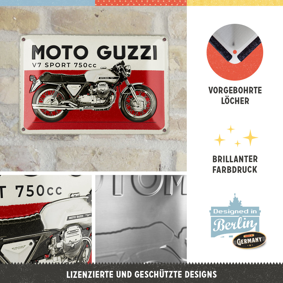 Moto Guzzi - Modell V7 Sport, product collage with multiple views and highlighted details.