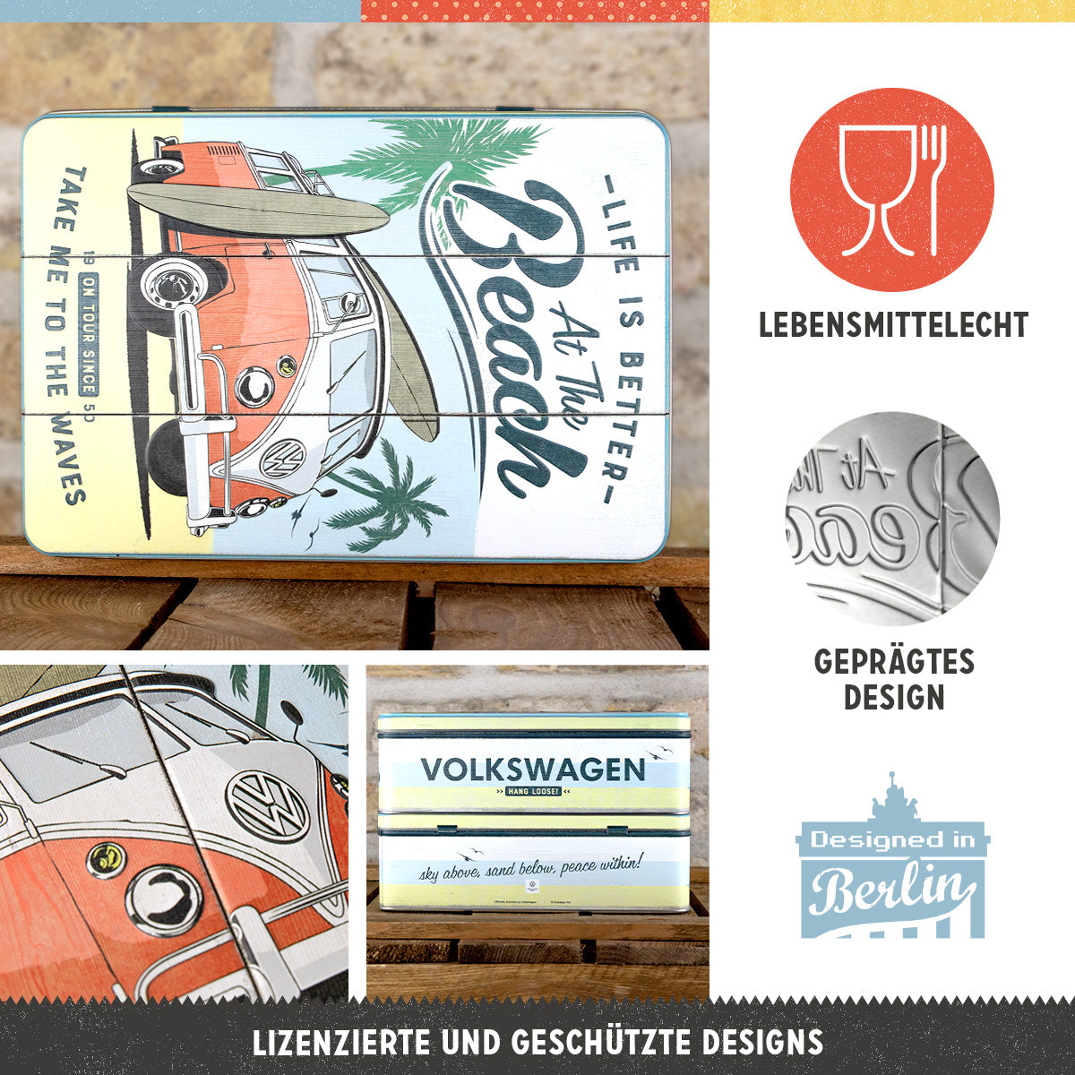 VW Bulli - Beach, product collage with multiple views and highlighted details.