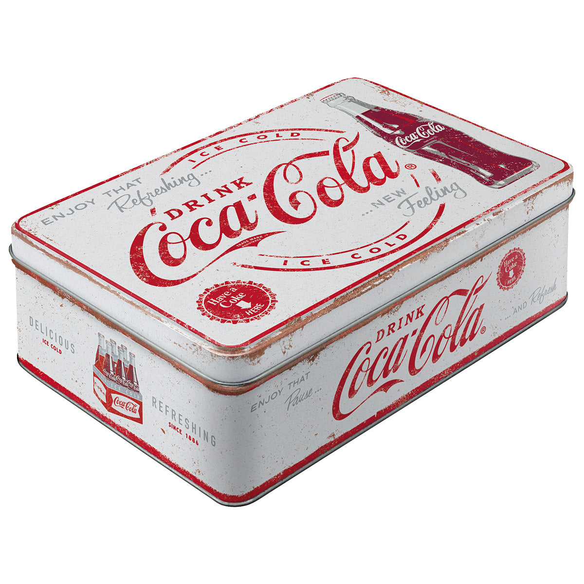 Coca-Cola - Refreshing New Feeling, isolated Vorratsdose Flach product view on a white background.