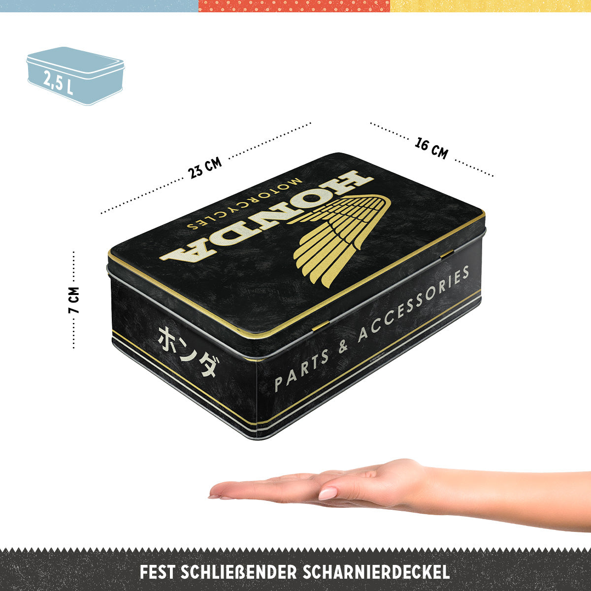 Storage Tin Flat "Honda MC - Parts & Accessories Gold"