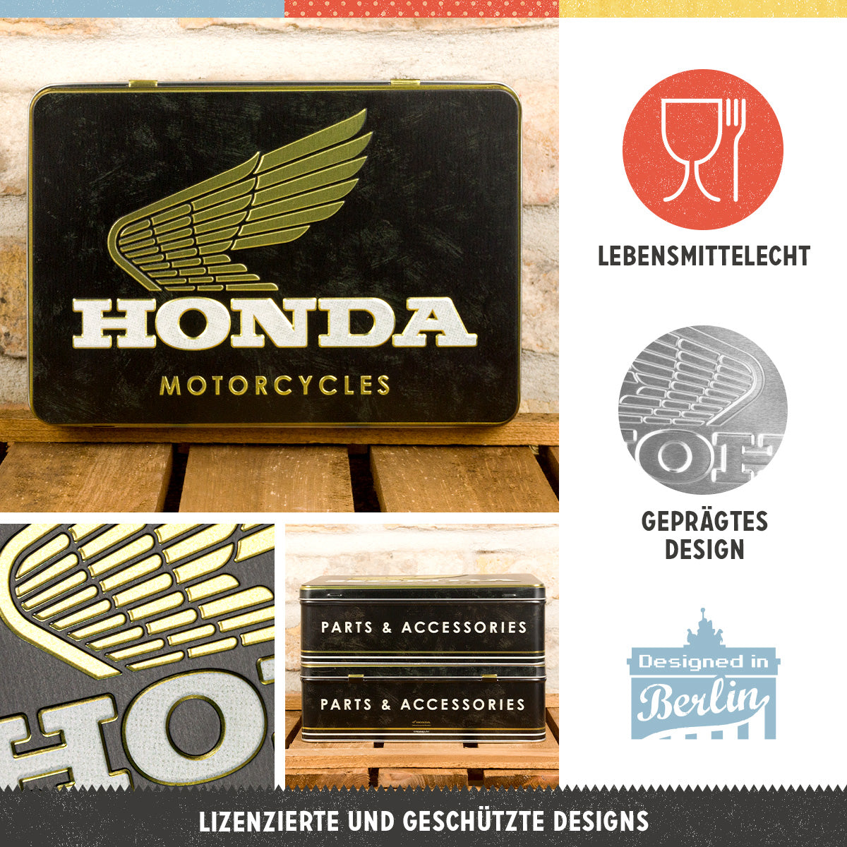 Storage Tin Flat "Honda MC - Parts & Accessories Gold"