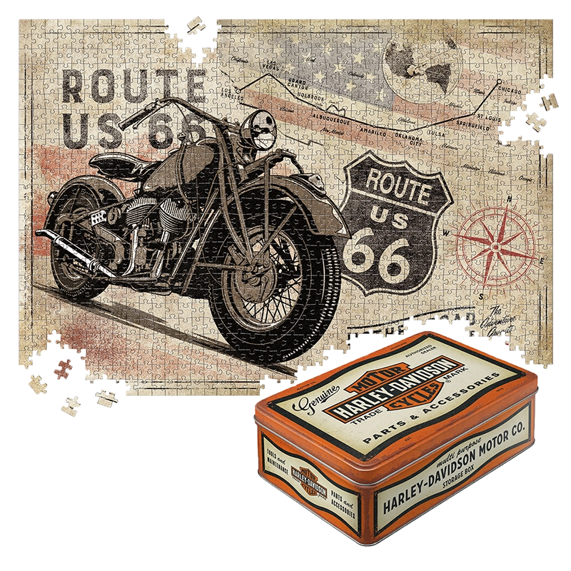 Route 66 – Bike Map – Retro Puzzle 1000 Teile, in Harley-Davidson Vintage-Metalldose, orange