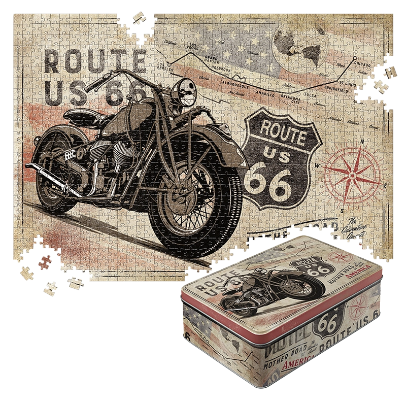 Route 66 – Bike Map – Retro Puzzle 1000 Teile, in Vintage-Metalldose