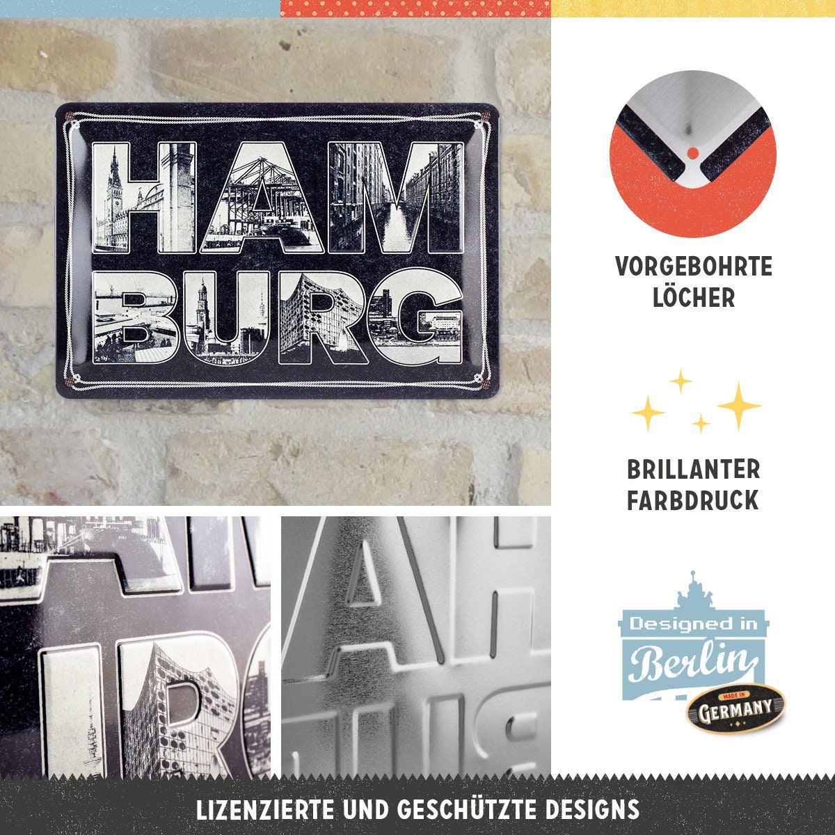 Nostalgic-Art Retro Blechschild, 20 x 30 cm, "Hamburg – Bilder-Buchstaben & Tau", Souvenir und Geschenk-Idee, aus Metall, Vintage Design