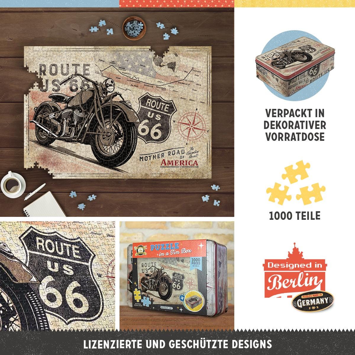 Route 66 – Bike Map – Retro Puzzle 1000 Teile, in Vintage-Metalldose