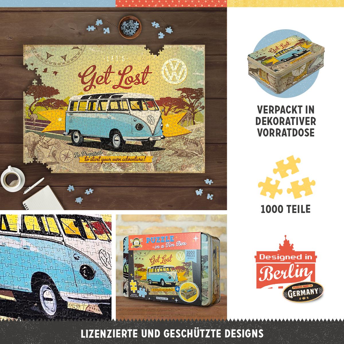 VW Bulli – Let's Get Lost – Retro Puzzle 1000 Teile, in Vintage-Metalldose