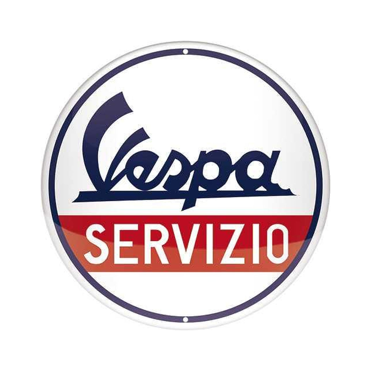 Vespa Servizio rundes Blechschild mit rotem Vespa-Motiv, freigestellte Vorderansicht.