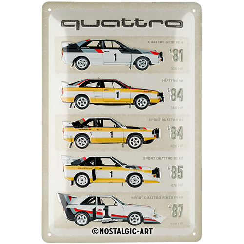 Audi Sport quattro - Model Evolution, isolated Blechschild 20 x 30 cm product view with transparent background.
