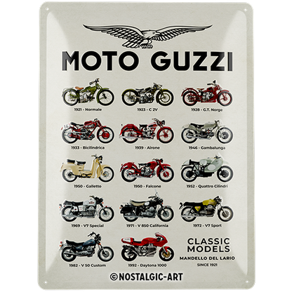 Moto Guzzi - Model Chart, isolated Blechschild 30 x 40 cm product view with transparent background.