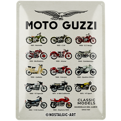 Moto Guzzi - Model Chart, isolated Blechschild 30 x 40 cm product view with transparent background.