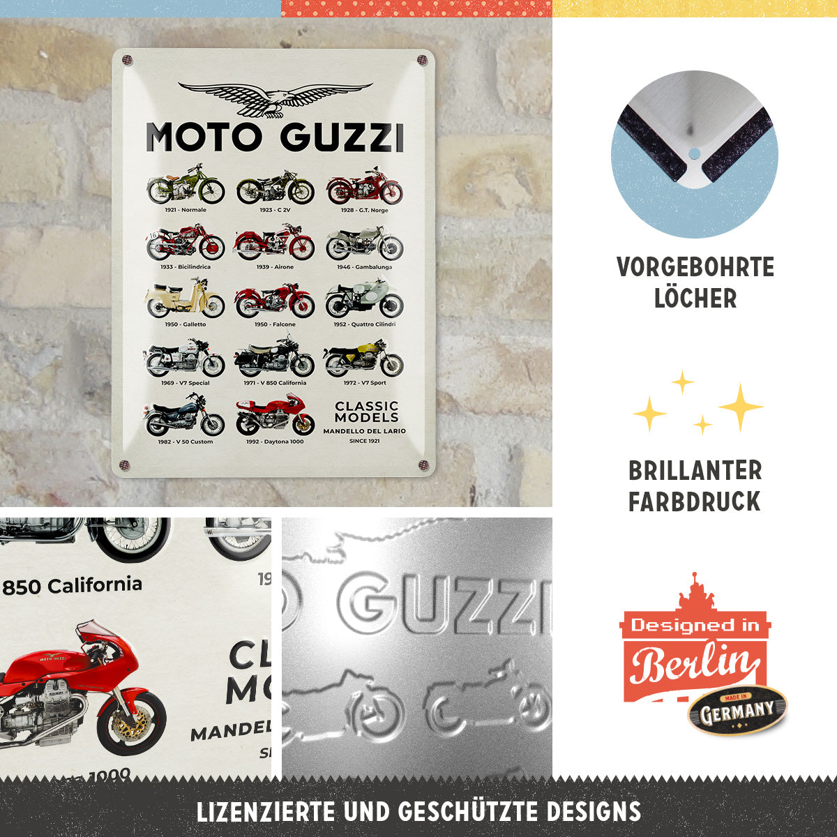 Moto Guzzi - Model Chart, product collage with multiple views and highlighted details.