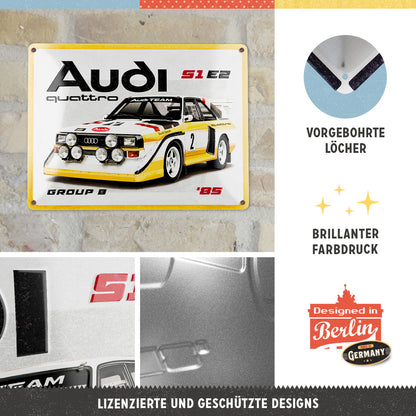 Audi Sport quattro - S1 E2 Group B, product collage with multiple views and highlighted details.