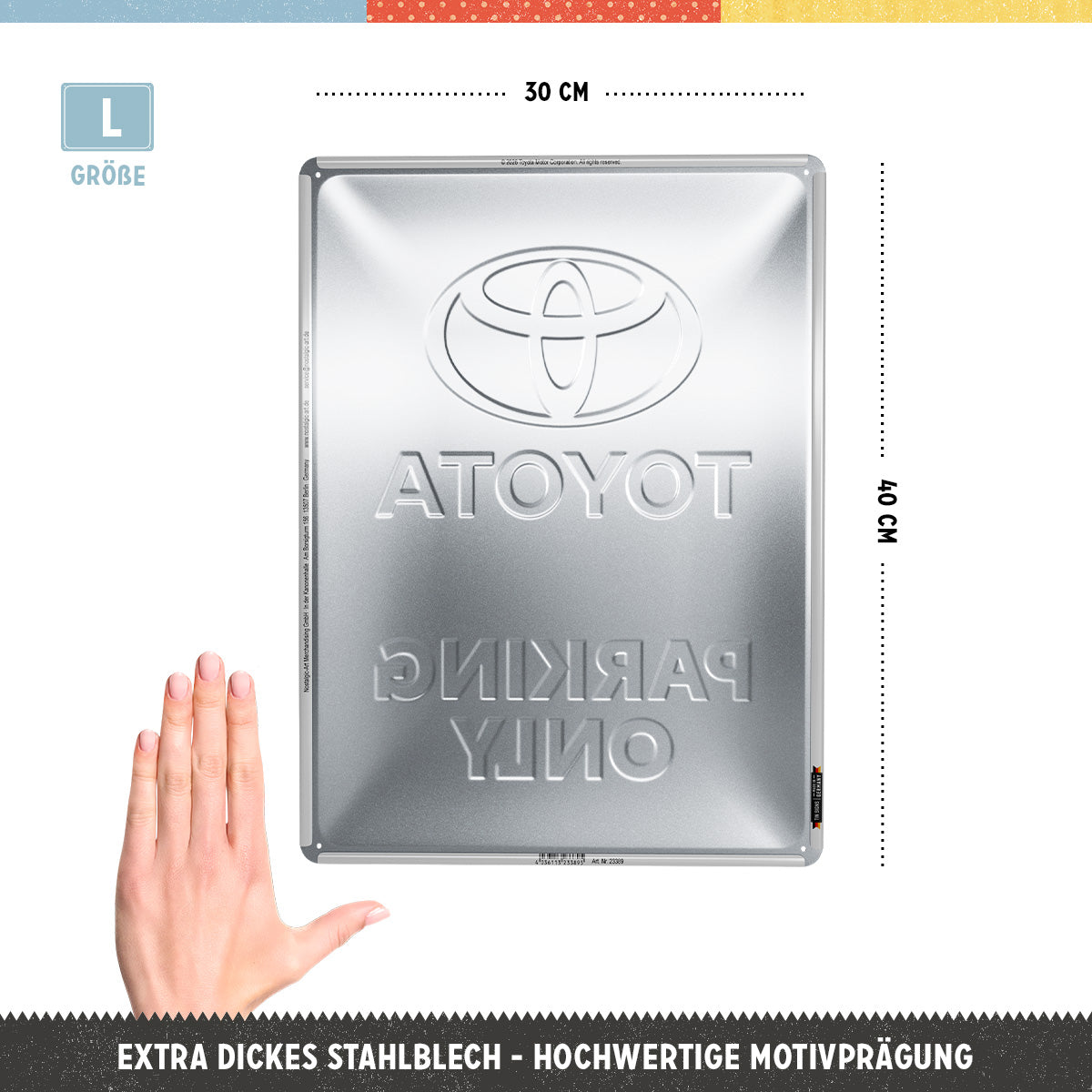 Toyota - Parking Only, reverse side and product details.