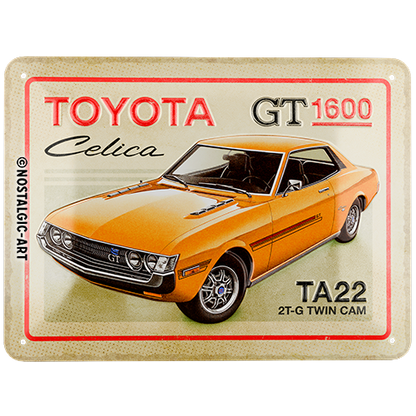 Toyota - Celica GT 1600, isolated Blechschild 15 x 20 cm product view with transparent background.