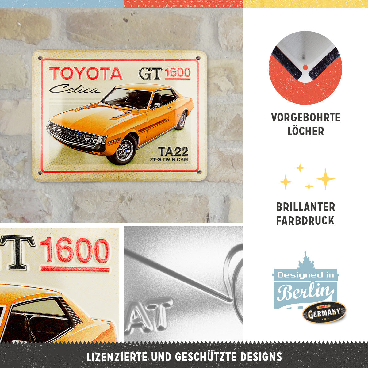 Toyota - Celica GT 1600, product collage with multiple views and highlighted details.