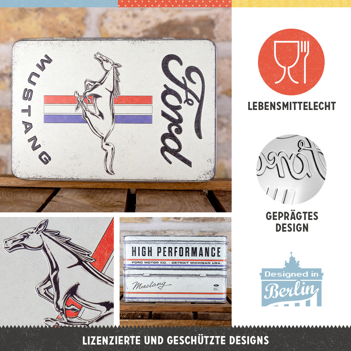 Ford Mustang - Horse & Stripes Logo, product collage with multiple views and highlighted details.