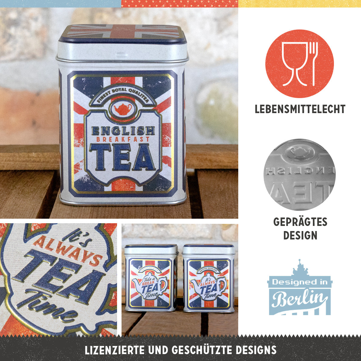 English Tea, product collage with multiple views and highlighted details.