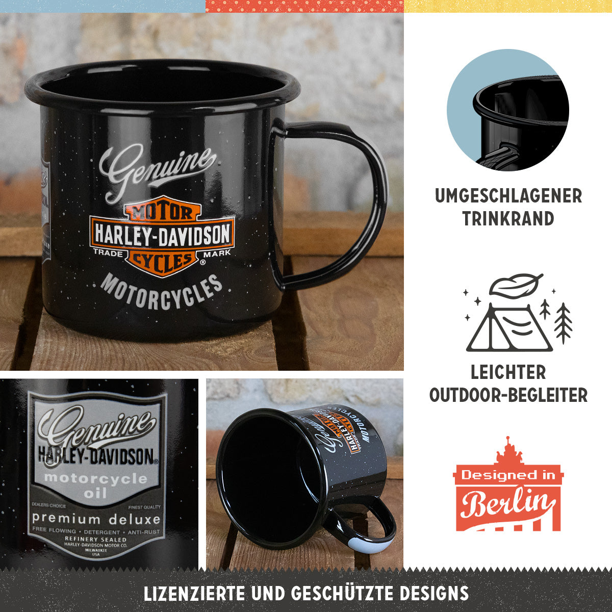 Harley-Davidson - Genuine Motorcycles, product collage with multiple views and highlighted details.