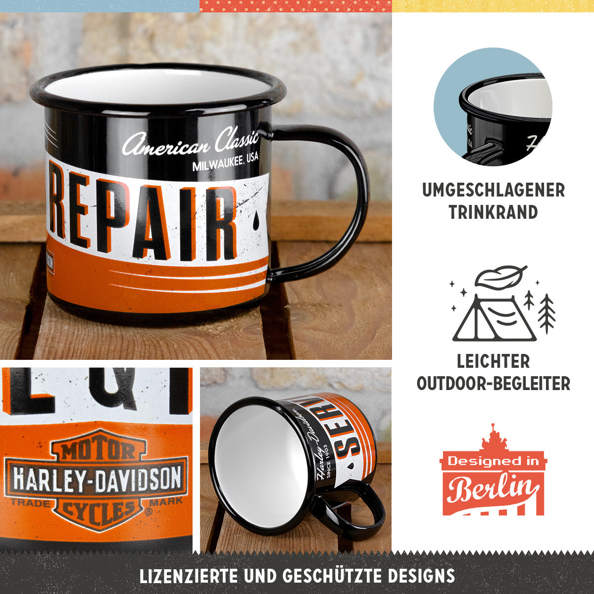 Harley-Davidson - Service & Repair, product collage with multiple views and highlighted details.