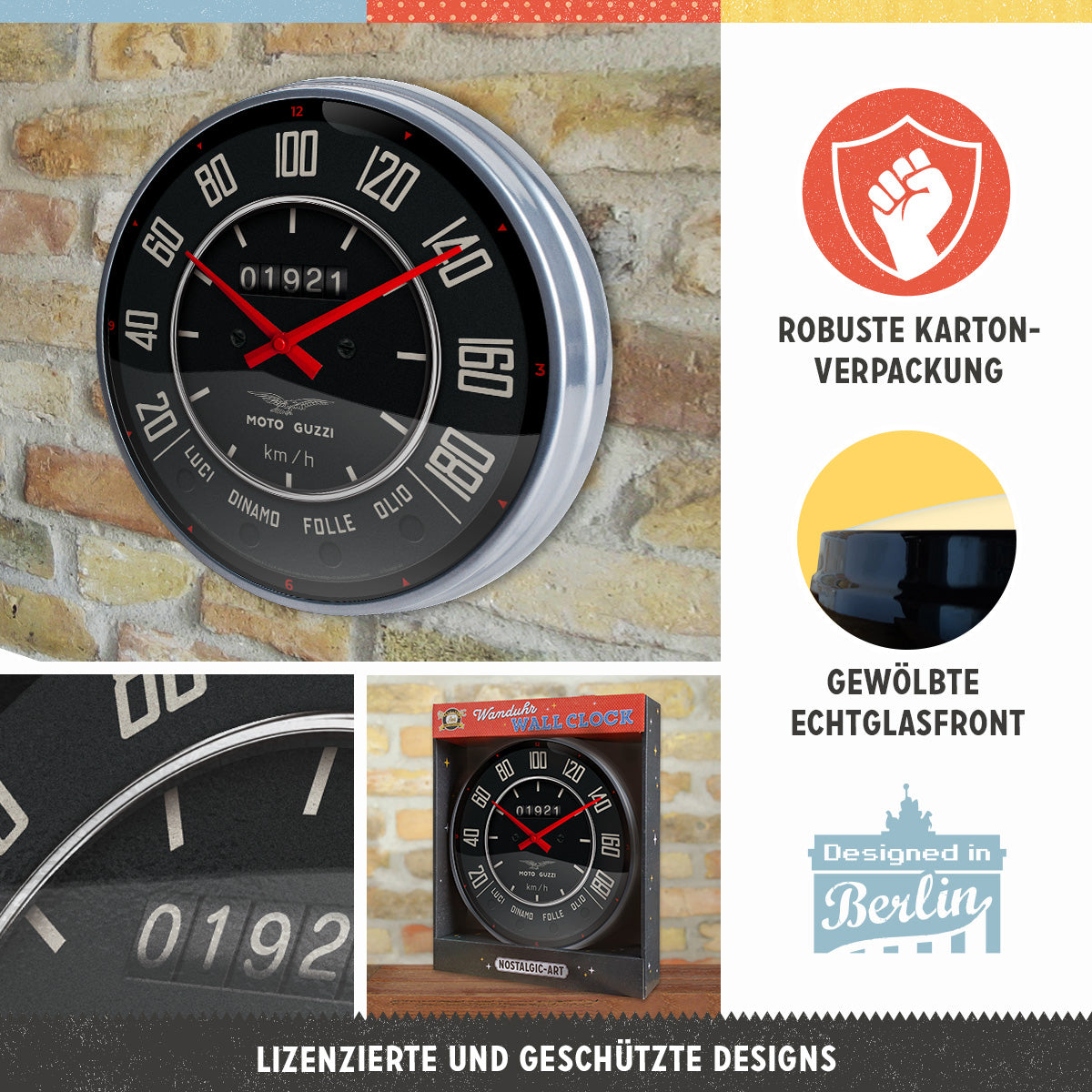 Moto Guzzi - Tacho, product collage with multiple views and highlighted details.