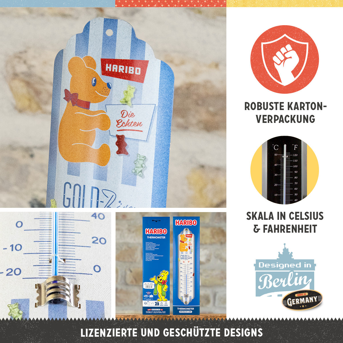 HARIBO - Die Echten GOLD-Bären, product collage with multiple views and highlighted details.