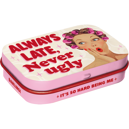 Always Late Never Ugly, isolated Pillendose product view with transparent background.