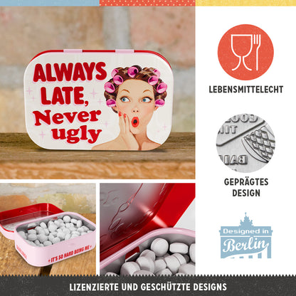 Always Late Never Ugly, product collage with multiple views and highlighted details.