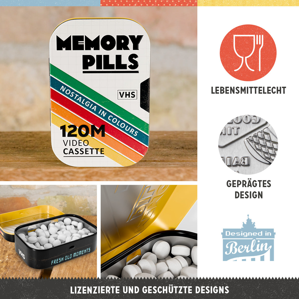 Memory Pills Video, product collage with multiple views and highlighted details.
