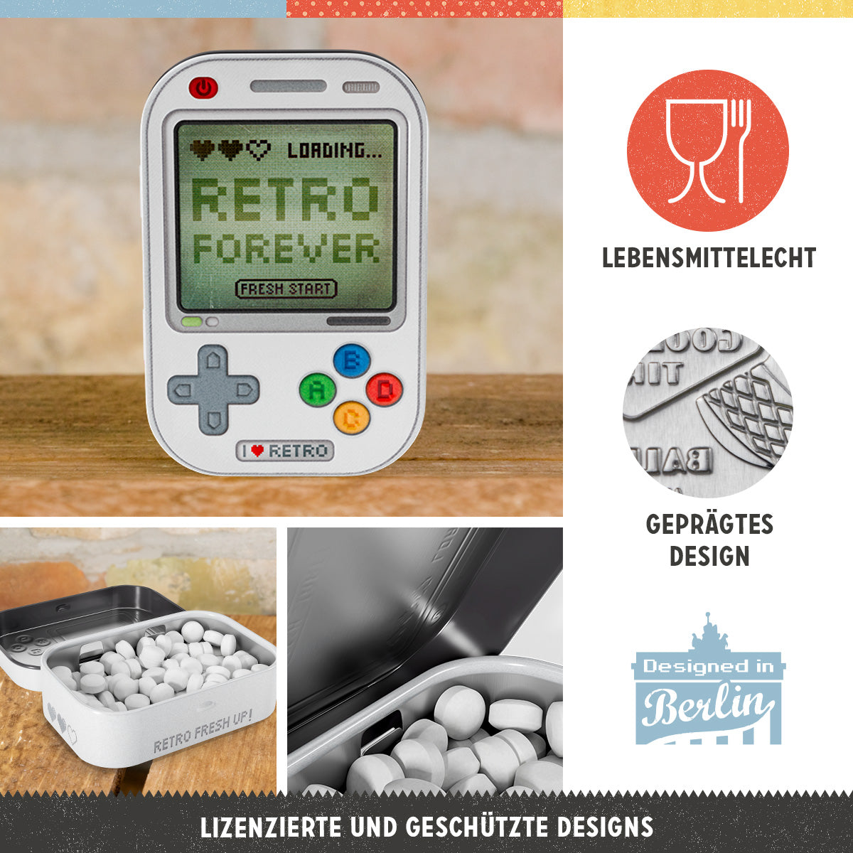 Retro Game Forever, product collage with multiple views and highlighted details.