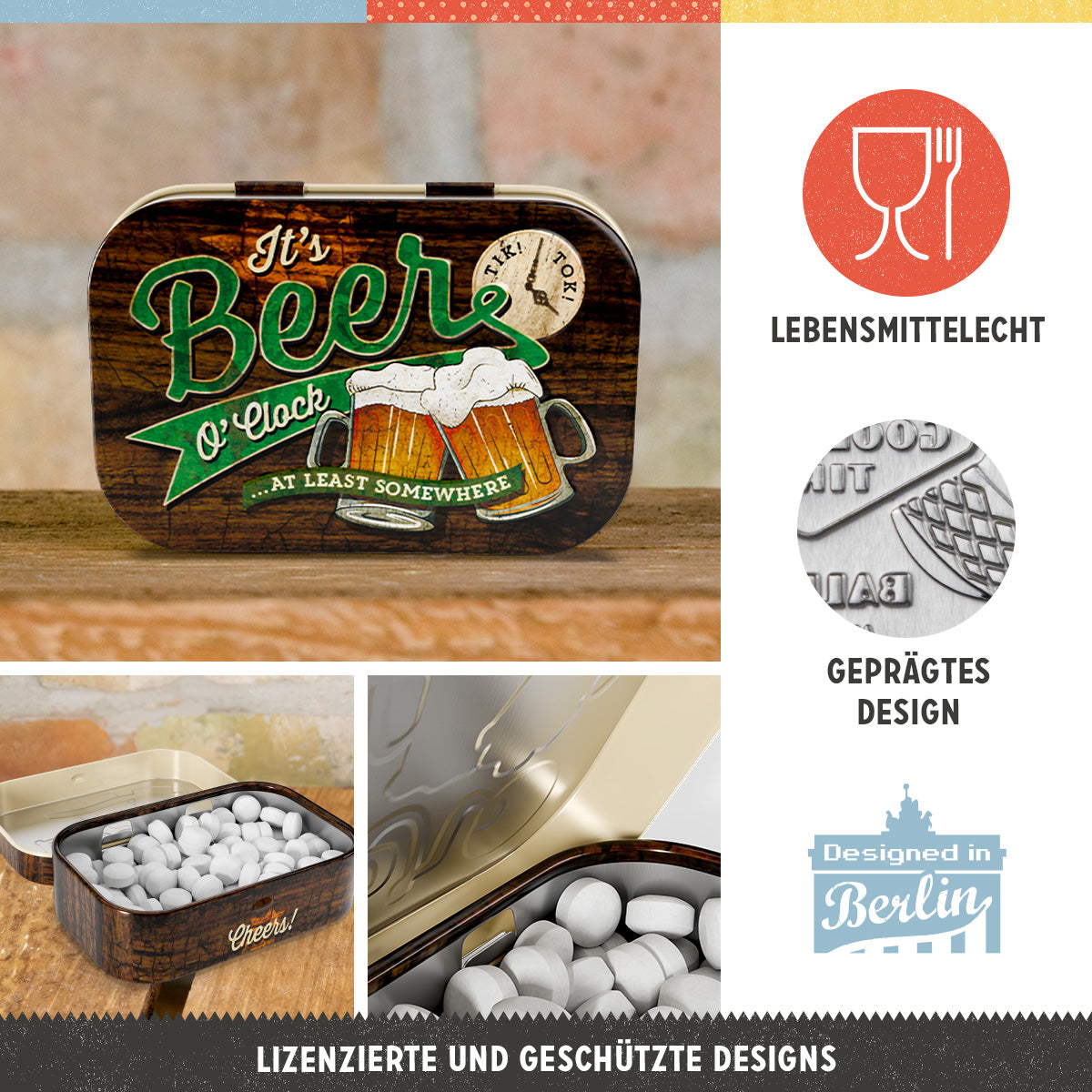 Beer O' Clock Glasses, product collage with multiple views and highlighted details.