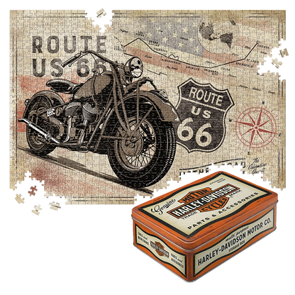Route 66 – Bike Map – Retro Puzzle 1000 Teile, in Harley-Davidson Vintage-Metalldose, orange