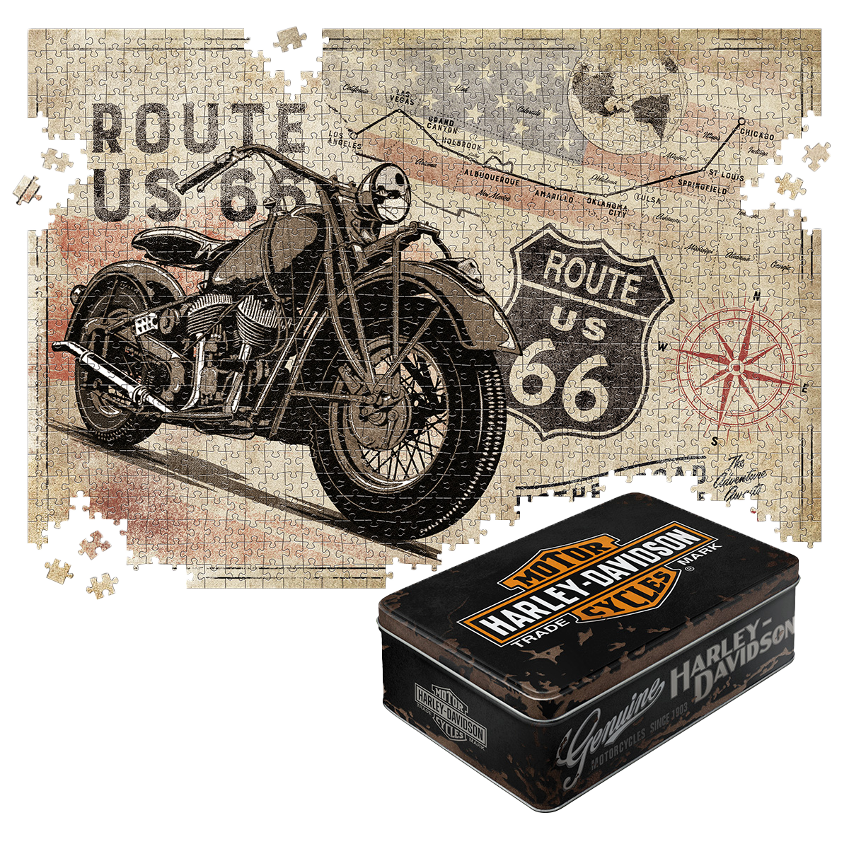 Route 66 – Bike Map – Retro Puzzle 1000 Teile, in Harley-Davidson Vintage-Metalldose, schwarz