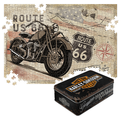Route 66 – Bike Map – Retro Puzzle 1000 Teile, in Harley-Davidson Vintage-Metalldose, schwarz