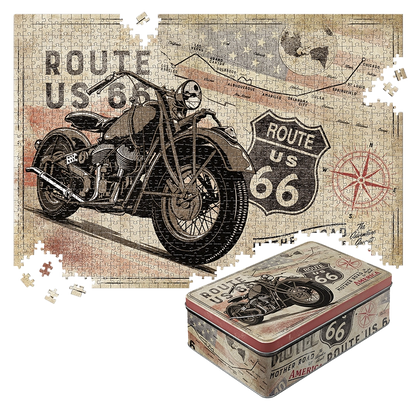 Route 66 – Bike Map – Retro Puzzle 1000 Teile, in Vintage-Metalldose