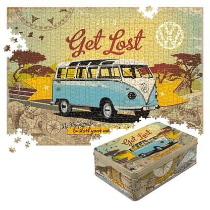 VW Bulli – Let's Get Lost – Retro Puzzle 1000 Teile, in Vintage-Metalldose