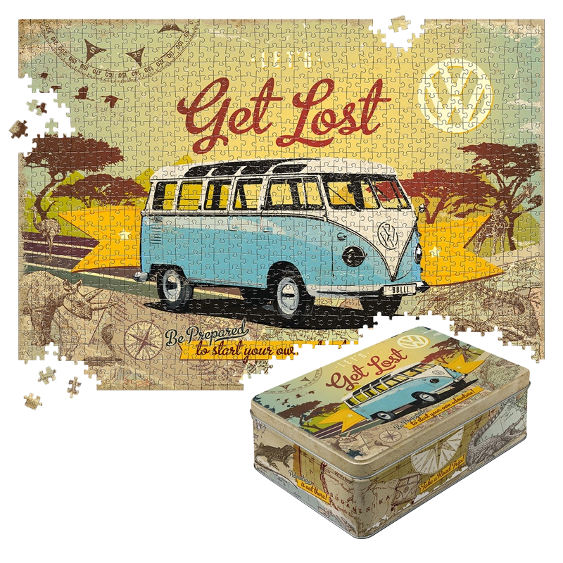 VW Bulli – Let's Get Lost – Retro Puzzle 1000 Teile, in Vintage-Metalldose