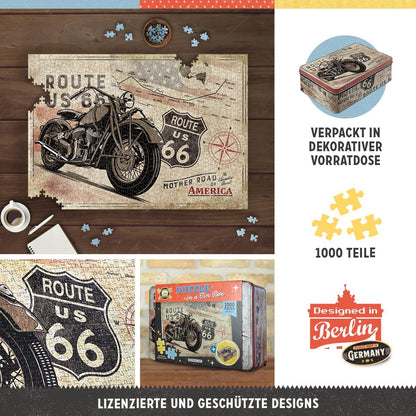 Route 66 – Bike Map – Retro Puzzle 1000 Teile, in Vintage-Metalldose